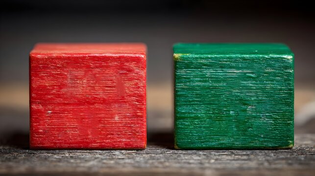 wooden green and red cubes, isolated on a neutral background, minimal concept. Concept: Choice and comparison, yes vs no, decision making, approval and rejection, evaluation, contrast, binary options.