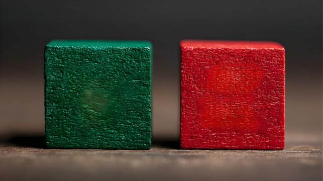 wooden green and red cubes, isolated on a neutral background, minimal concept. Concept: Choice and comparison, yes vs no, decision making, approval and rejection, evaluation, contrast, binary options.