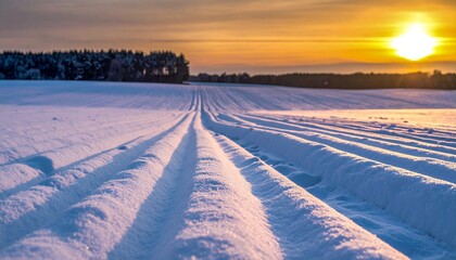Snow-covered field at sunset with tire tracks in the foreground and trees in the background