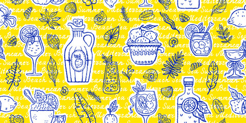 Limoncello and Mediterranean lemons seamless pattern. Limoncello cocktail italian hand drawn background. Doodle lemon fruits seamless pattern. Summer watercolor italian coastal bg. Mediterranean wine