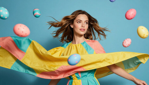 A young woman with wind-blown hair and colorful Easter eggs floating in the air. The eggs are positioned at different heights and angles, creating the impression that they are flying or falling.