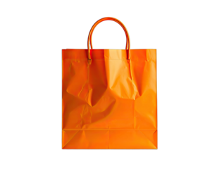 Isolated bright orange shopping bag on black background, showcasing shiny, crumpled paper