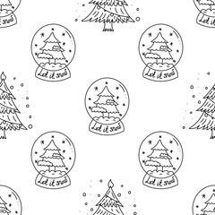 Doodle pattern of Christmas glass snow globes with christmas tree in black and white style
