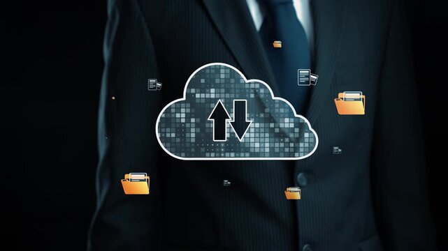 This image portrays a professional setting showcasing a cloud storage concept, featuring abstract icons of folders and data transfer, representing modern file management. Qubit