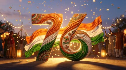 Seventy six in orange white and green indian flag stands before a crowd under a night sky with visible stars and distant lights