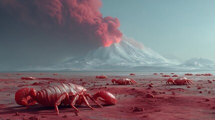 Red planet with snow capped volcano mountain high resolution image