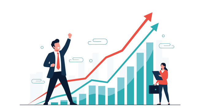 Successful business people celebrating financial growth represented by rising arrows and upward trending bar charts on a white background.