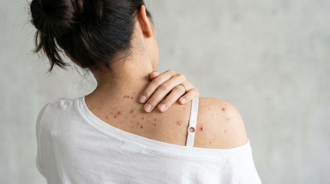 Close-up of a woman's back and shoulders covered in acne, pimples, and red irritated skin, indicating discomfort and skin problems