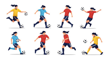 Set of female soccer players in blue, red, and yellow uniforms performing different actions like running, kicking, and dribbling the ball.