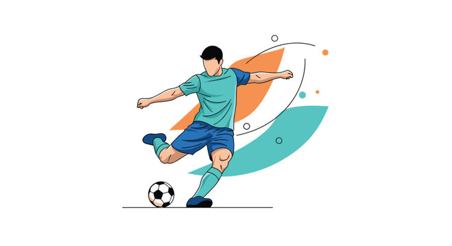 Dynamic illustration of a soccer player kicking a ball with colorful abstract background shapes in sports theme.