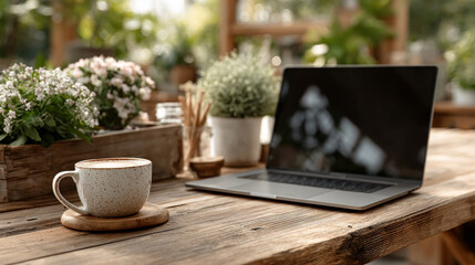 Close up and top view of creative wooden designer workplace with empty mock up laptop computer screen with reflections, partition, coffee cup, decorative plant and supplies. 3D Rendering
