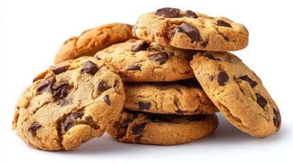 Warm chocolate chip cookies are stacked on a clean white surface. They appear freshly baked and ready for enjoyment. The kitchen setting adds a sense of home and comfort.