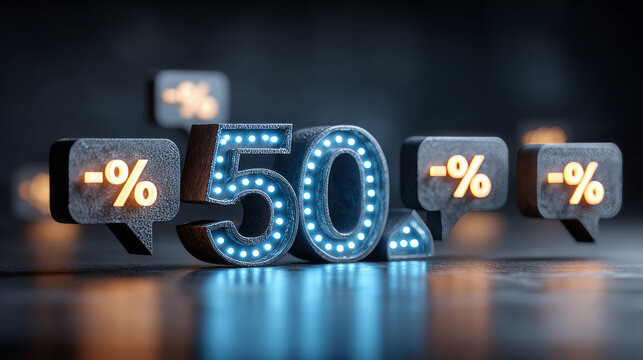 Online shopping, discount and sale concept with blue digital glowing 50 icon on dark background with speech bubbles with percent sign. 3D rendering - Powered by Adobe