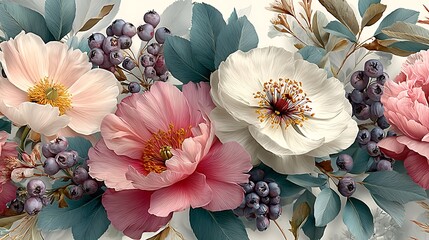 Stunning peony blossoms and roses together high resolution picture