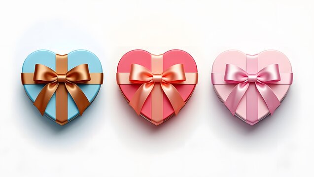 Three heart-shaped gift boxes isolated on white background