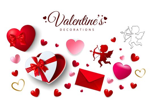 Valentine's decorations heart and cupid isolated on white background