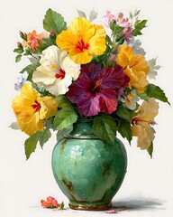 Vibrant yellow and red hibiscus blossoms artwork high resolution image