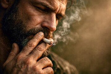A man with a beard is smoking a cigarette