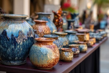 Unique handcrafted pottery displayed at a vibrant artisan market showcasing a variety of colors and designs that celebrate craftsmanship and creativity