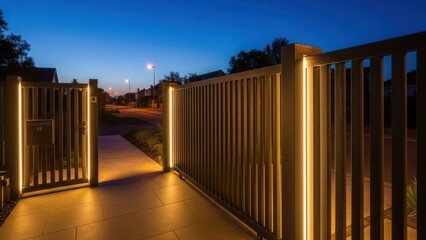 Modern metal fence with integrated LED strip lighting illuminating the pathway at dusk. Architectural design for home security and outdoor aesthetics.