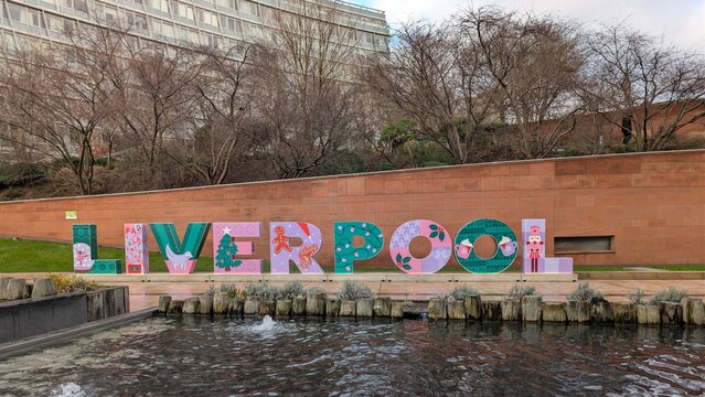 Liverpool, Merseyside UK 12 27 2025 The Liverpool sign decorated by Emma Coyle and captures the city&rsquo;s festive spirit, creativity, and sense of community. The sign stands 15.5 meters.