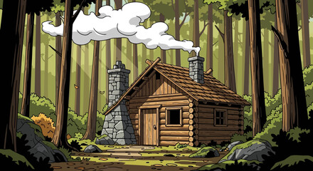 A rustic log cabin with a stone chimney, emitting smoke, nestled deep within a dense, green forest under a clear sky.