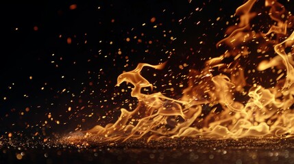 Dynamic fiery flames spreading across a dark surface with glowing embers and flying sparks, illustrating concepts of heat, energy, danger, and destruction