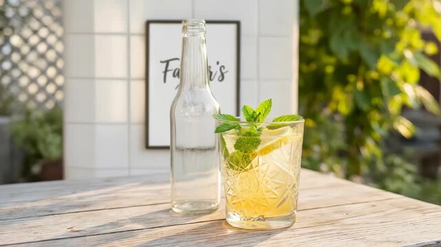 Glass of lemon drink with mint and bottle sit beside a framed Father's Day sign on a sunlit outdoor wooden table. Warm late afternoon light and blurred garden background evoke a relaxed celebratory mo