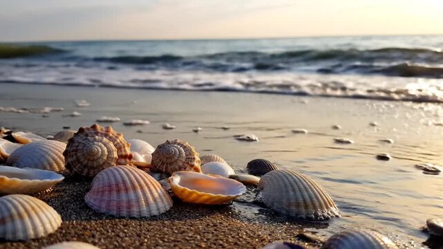 Close up of seashells on the beach with water in background during daylight hours