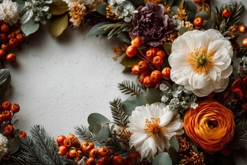 Vibrant Autumn Wreath with White Flowers and Berries