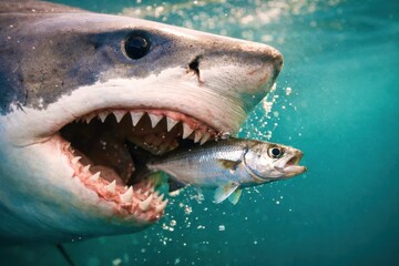 Naklejka premium A shark is eating a fish in the ocean