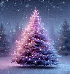 Snowy Christmas Tree with Lights in Winter Wonderland Scene