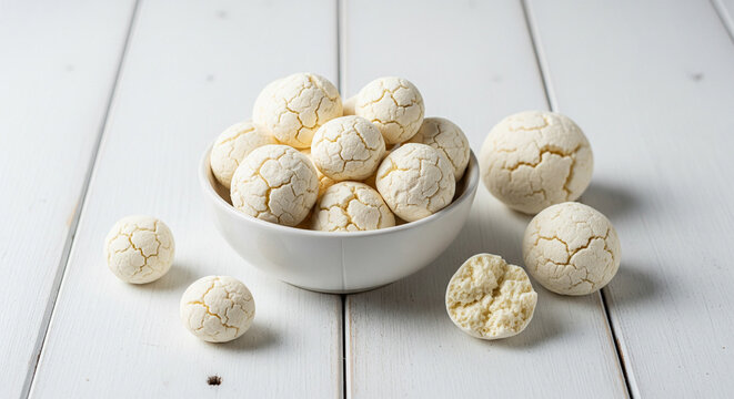 Kurt dry cheese Kazakh national food during Nauryz festival on white wooden background