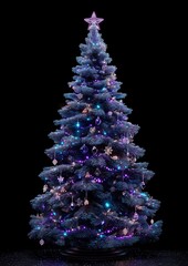 Large blue Christmas tree with lights on it