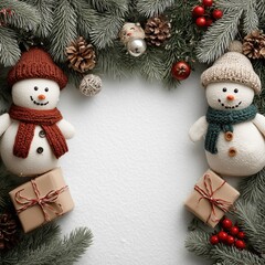 Snowman Duo with Gifts and Evergreen Branches