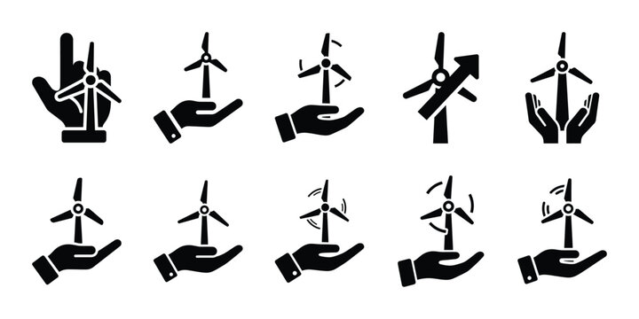 wind energy support icon set vector silhouette on transparent background. Ecology energy silhouette icons.