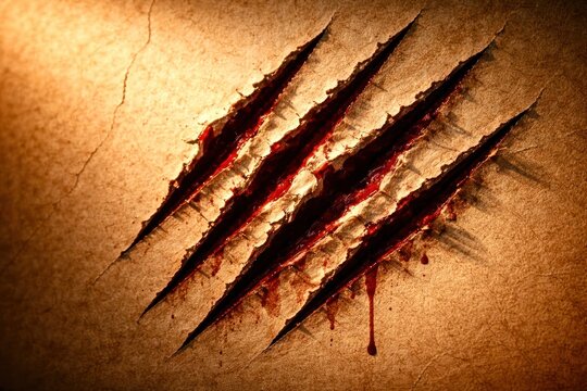 A close up of a bloody, torn piece of paper with red splatters