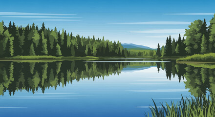 Serene forest lake reflecting the clear blue sky and lush green trees on a sunny day.