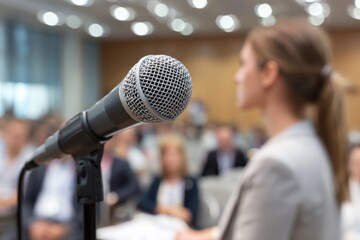 Business woman leads seminar on public speaking skills for aspiring speakers in a conference room setting at a corporate training event