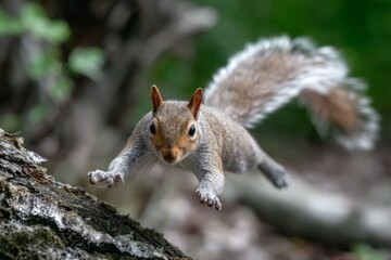 Obraz premium An active gray squirrel takes a powerful jump from a tree trunk, extending its paws and fluffy tail in the forest.