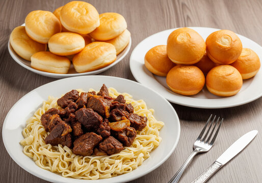 Kazakh traditional dishes beshbarmak with horse meat baursaks