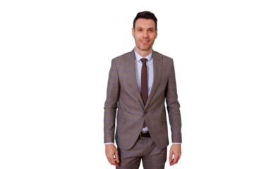 Confident businessman in smart plaid suit and brown tie smiling, portraying professionalism and success, transparent background