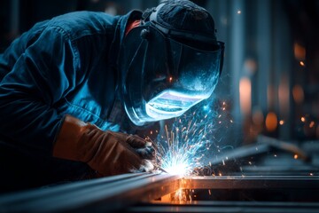 A robust welding mask shields during intense metal fabrication work, as bright sparks illuminate the skilled industrial joining process.
