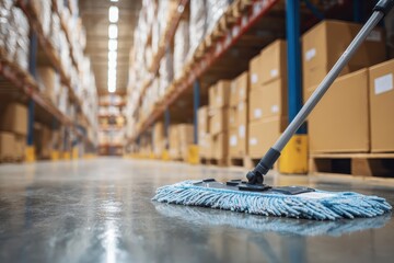 Closeup view of a mop cleaning the shiny floor in a large warehouse filled with stacked cardboard boxes during the daytime