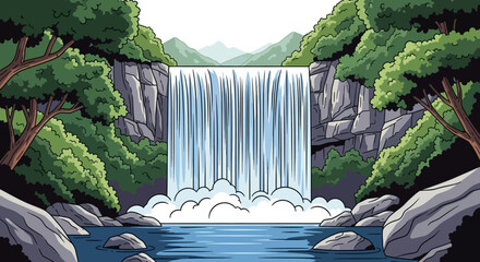 A vibrant cartoon illustration of a majestic waterfall cascading down rocky cliffs into a serene blue pool, surrounded by lush green trees and distant mountains under a clear sky.