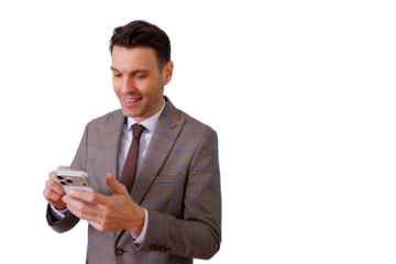 Professional businessman smiling and typing on smartphone, communicating and networking, transparent background