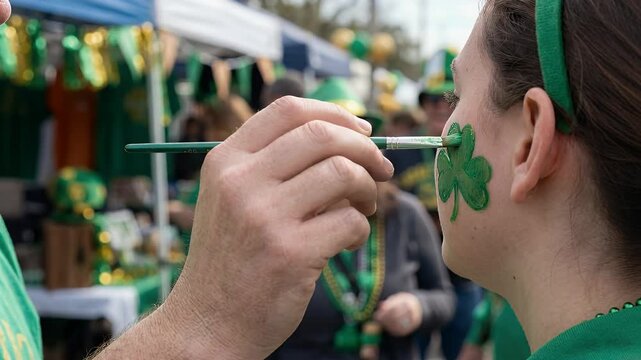 Close-up of man's hand applying green shamrock face paint to a woman's cheek at a festive St. Patrick's day event