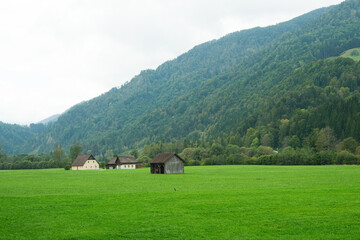 Obraz premium Idyllic Alpine Farmhouse and Barn in a Lush Green Meadow