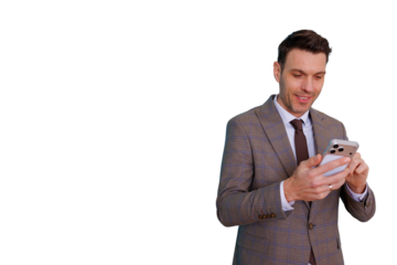 Mature businessman checking investment portfolio on smartphone screen, looking for new opportunities, transparent background