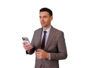 Businessman using a smartphone, showing communication and connection in a corporate environment. Transparent background